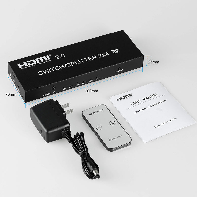  [AUSTRALIA] - 4K@60Hz HDMI Switch Splitter 2 in 4 Out with Remote, avedio links 2x4 HDMI Splitter Switcher 4K with SPDIF & 3.5mm Audio,Support 4K,3D,1080p,HDCP2.2,HDR 10 for PS4,Xbox,Fire Stick,etc