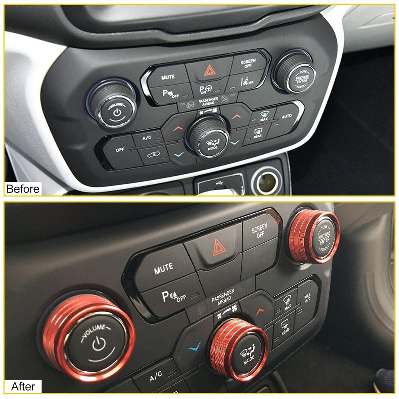  [AUSTRALIA] - JeCar Air Conditioner Switch Knob Cover Aluminum Alloy Audio Trim Cover for 2018-2019 Jeep Renegade, Red