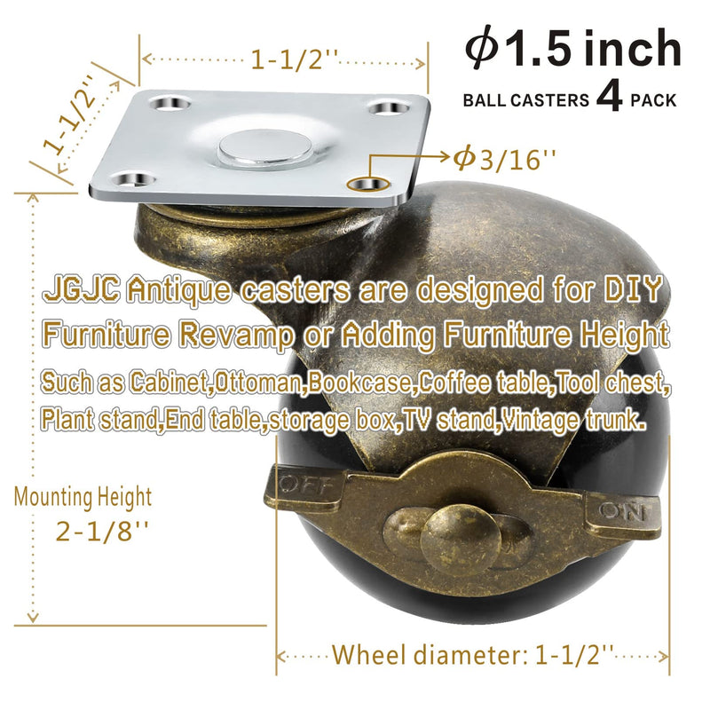  [AUSTRALIA] - Swivel Ball Casters,Furniture Ball Caster Wheels 1.5 Inch,Ball Casters Set of 4 with Brake,Vintage Wheels for Furniture Ottoman (Mounting Height 2-1/8") 4-pack (with Brake)