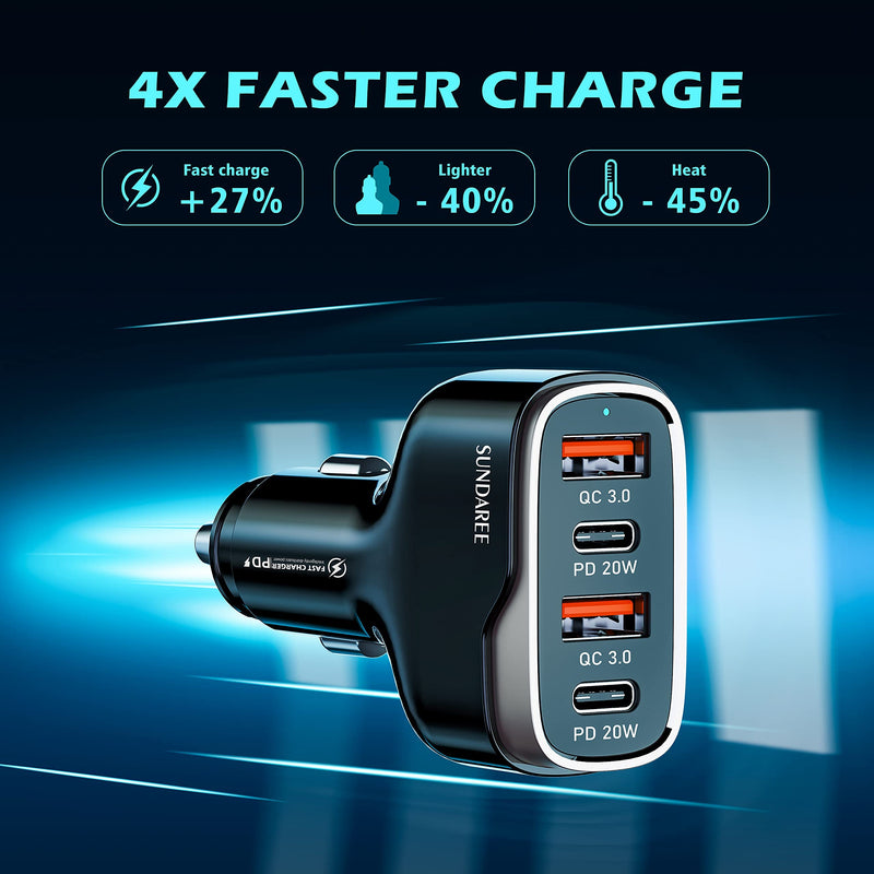  [AUSTRALIA] - 4 Ports USB C Car Charger with Plug Outlet, SUNDAREE Fast Charging Cigarette Lighter Adapter with 3.3FT Cable, Dual QC 3.0 18W & PD 20W Car Phone Charger for iPhone and Samsung & More - Black 40W-2A2C with Cable-CC53-Black