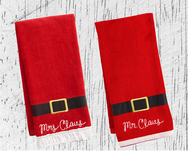  [AUSTRALIA] - St. Nicholas Square Christmas Towels, Red Bath Hand Towel Set of 2, Mr. & Mrs. Claus with Santa Belt Decorative Design 25 x 16 Inches Bathroom Decorating for The Holidays