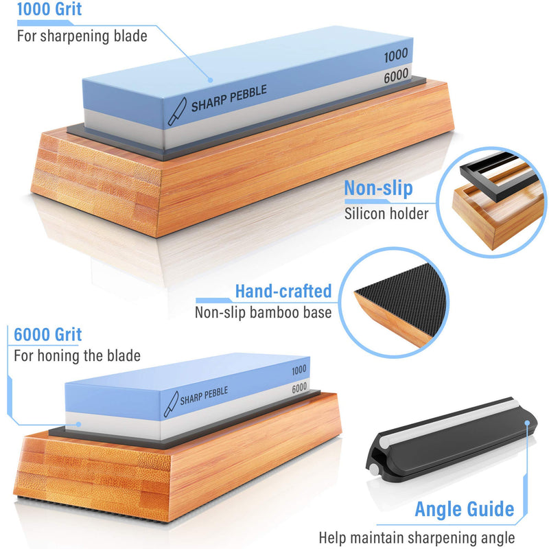  [AUSTRALIA] - Sharp Pebble Premium Whetstone Knife Sharpening Stone 2 Side Grit 1000/6000 Waterstone- Whetstone Knife Sharpener- NonSlip Bamboo Base & Angle Guide