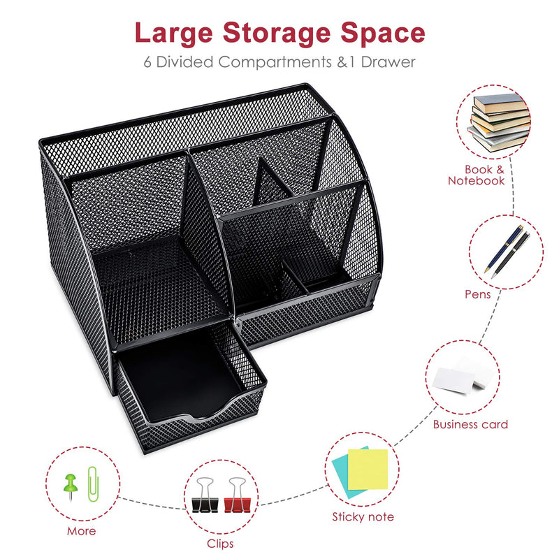 Mesh Desk Organizer Multifunctional Desktop Organizer Office Supplies Holder with 6 Compartments and 1 Drawer for Home Office School Classroom by Pipishell - LeoForward Australia