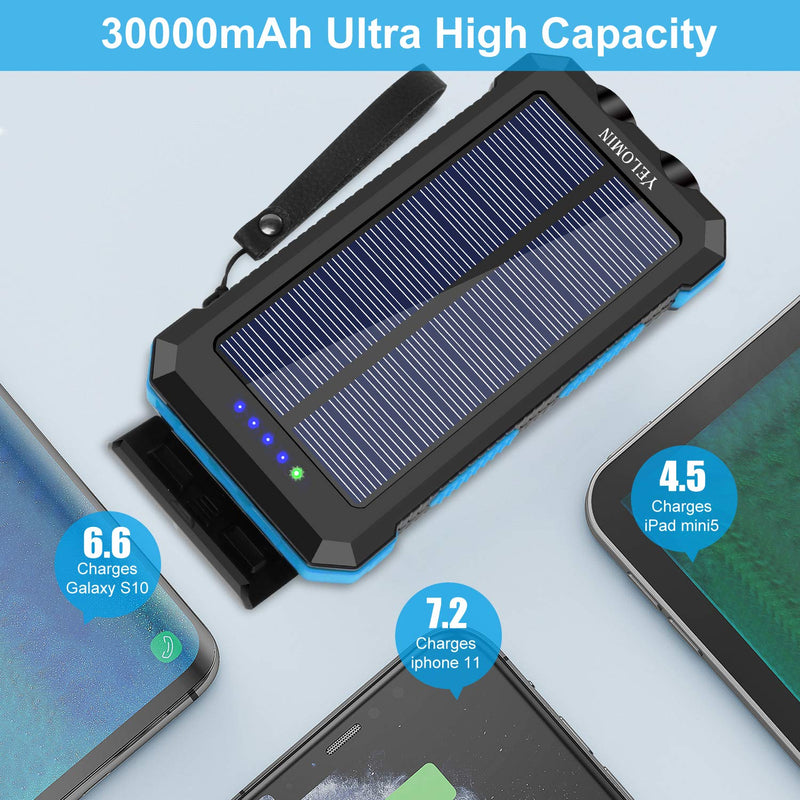 Solar Charger 30000mAh,YELOMIN Portable Outdoor Solar Power Bank with Type-C Input Port Dual Flashlights & USB Outputs External Backup Battery Pack for Cellphones,Tablets and More(Blue) Blue - LeoForward Australia