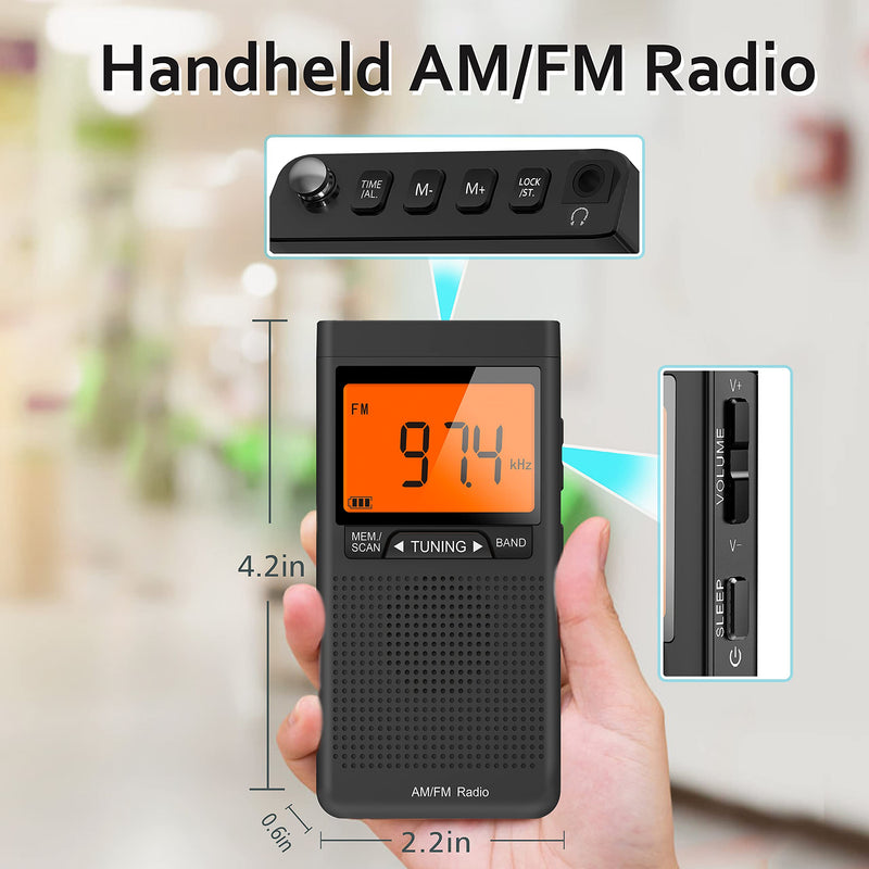  [AUSTRALIA] - AM FM Portable Radio Personal Radio with Excellent Reception Battery Operated by 2 AAA Batteries with Stero Earphone, Large LCD Screen, Digtail Alarm Clock Radio Black