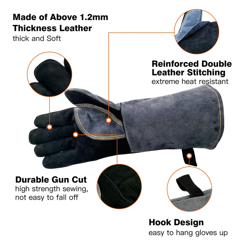 [AUSTRALIA] - WZQH 16 Inches,932℉,Leather Forge Welding Gloves, with Kevlar Stitching Heat/Fire Resistant,Mitts for BBQ,Oven,Grill,Fireplace,Tig,Mig,Baking,Furnace,Stove,Pot Holder,Animal Handling Glove.Black-gray