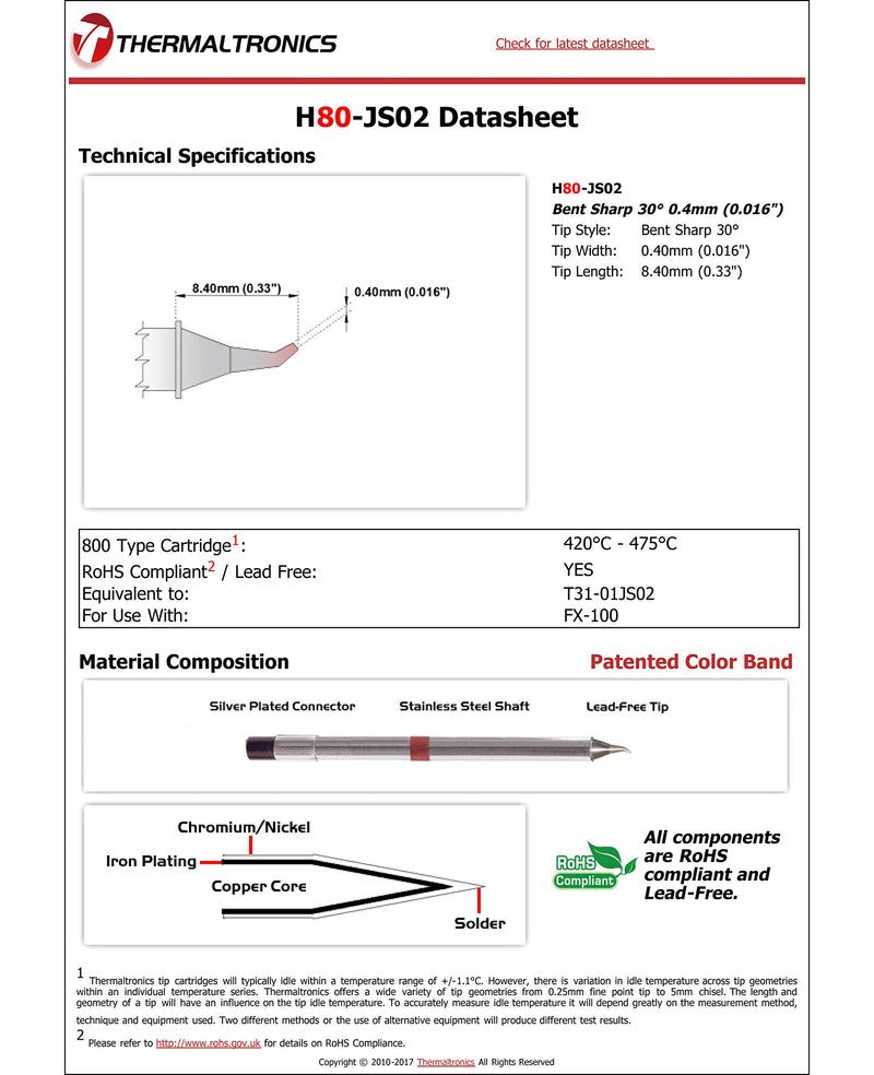  [AUSTRALIA] - Thermaltronics H80-JS02 Bent Sharp 30deg 0.4mm (0.016in) interchangeable for Hakko T31-01JS02