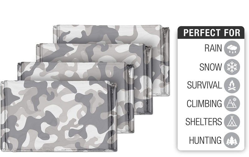  [AUSTRALIA] - Swiss Safe Emergency Mylar Thermal Blankets + Bonus Gold Foil Space Blanket. Designed for NASA, Outdoors, Survival, First Aid, Arctic Camouflage, 4 Pack Winter Camo