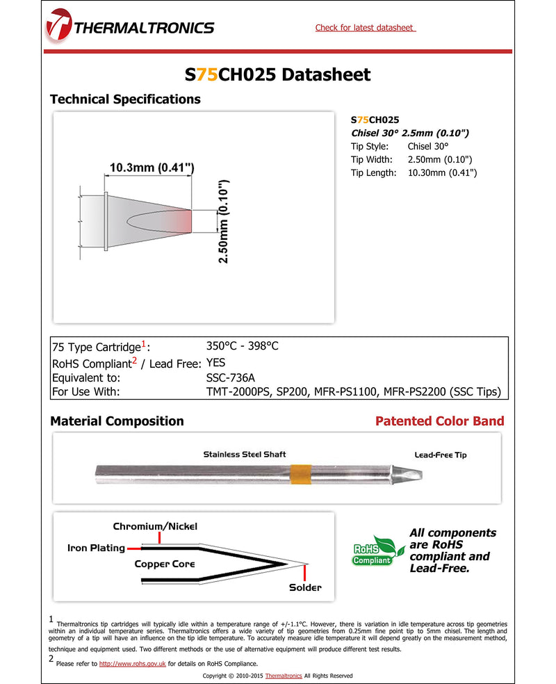  [AUSTRALIA] - Thermaltronics S75CH025 Chisel 30deg 2.5mm (0.10in) interchangeable for Metcal SSC-736A