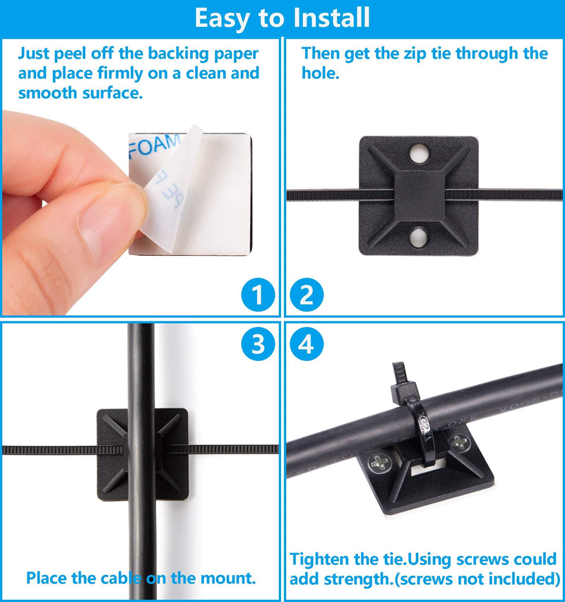  [AUSTRALIA] - Cable Tie Mounts, Adhesive-Backed, 1 Inch, for Cable Management, Cable Tie Anchors, 100 Pack, Black