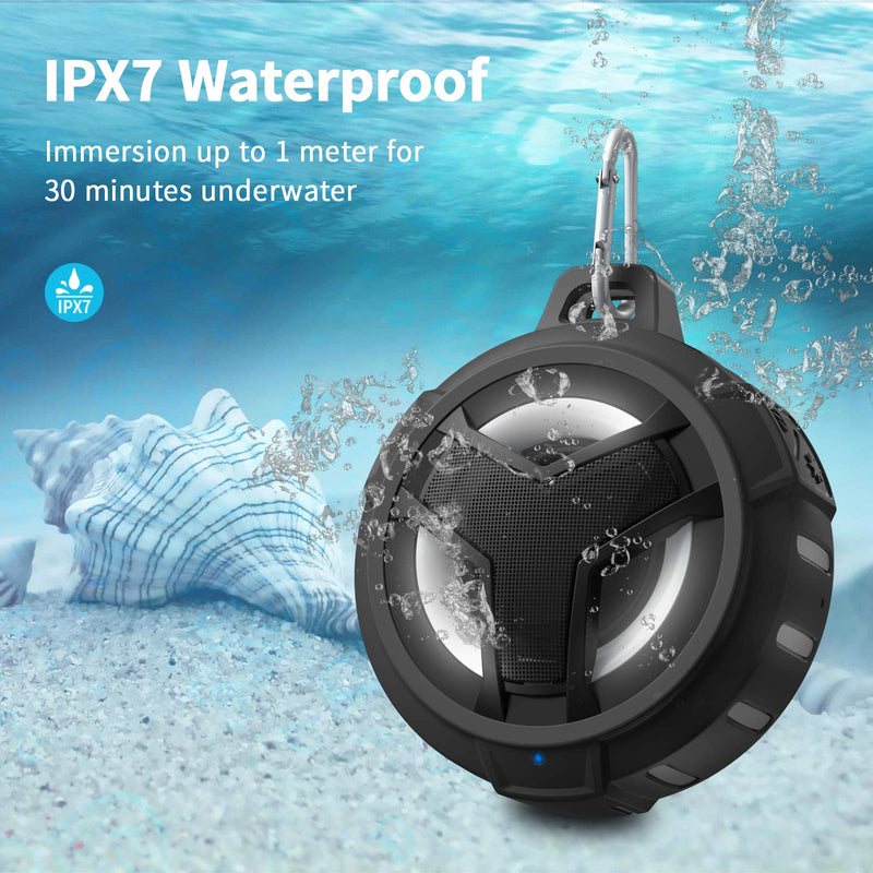  [AUSTRALIA] - EBODA Bluetooth Shower Speaker, Waterproof Portable Bluetooth Speakers, IP67 Waterproof Wireless Speaker with LED Light, Floating, 2000mAh, True Wireless Stereo for Kayak, Beach,Gifts for Men -Black Black