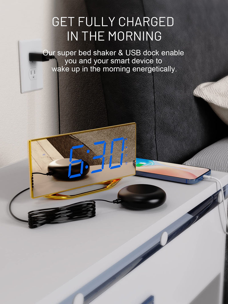  [AUSTRALIA] - Bed Shaker Alarm Clock for Heavy Sleepers Adults, Loud Alarm Clock with USB Charger,8.7 Inch Mirror Alarm Clock for Bedroom, Dimming & Snooze Mode,12/24 Hour Display, Metallic Gold Metalic Gold