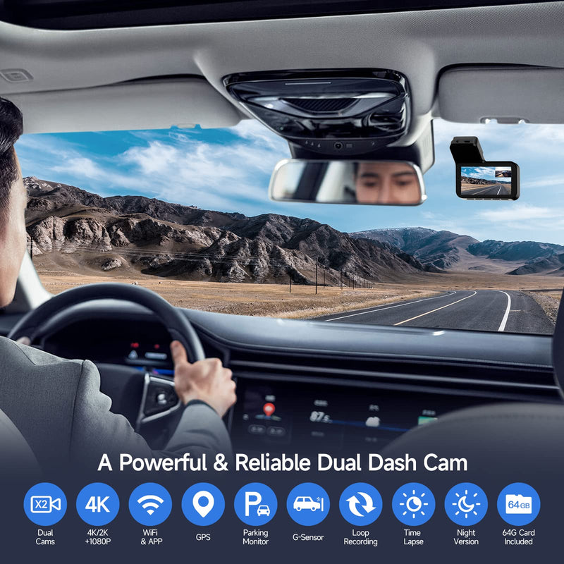  [AUSTRALIA] - BE.FT 4K/2K+1080P Dash Cam,Front and Rear Dual Dash Camera for Cars,Car Dashboard Cam Recorder with WiFi GPS,Night Version,Loop Recording,G-Sensor,24H Parking Monitor,3’’ LCD,64GB SD Card Included
