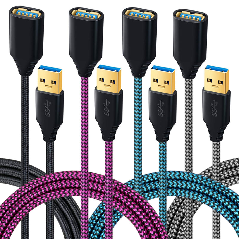  [AUSTRALIA] - USB 3.0 Extension Cable, Besgoods 4-Pack Colors 6ft USB Extension Cable Braided A Male to A Female Data Transfer Cord Compatible Keyboard, Mouse, Hard Drive, Printer, PS4 - Black Grey Blue Rose