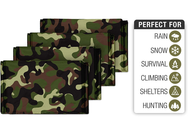  [AUSTRALIA] - Swiss Safe Emergency Mylar Thermal Blankets + Bonus Gold Foil Space Blanket. Designed for NASA, Outdoors, Survival, First Aid, Woodland Camo, 4 Pack