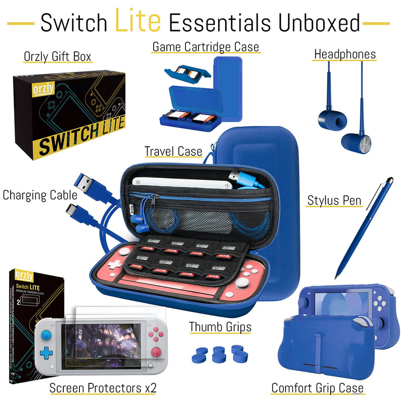  [AUSTRALIA] - Orzly Switch Lite Accessories Bundle - Case & Screen Protector for Nintendo Switch Lite Console, USB Cable, Games Holder, Comfort Grip Case, Headphones, Thumb-Grip Pack & More (New Blue) New Blue
