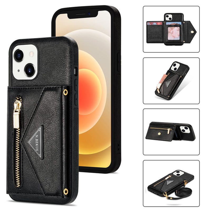  [AUSTRALIA] - Wallet Crossbody for iPhone 13 Phone Case with Lanyard Strap Credit Card Holder 6.1'' , PU Leather Protective Handbag Zipper Purse Kickstand Cover Women Girl (Black) Black