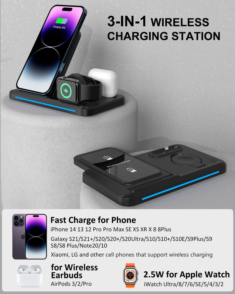  [AUSTRALIA] - Wireless Charger for iPhone,Charging Station for Apple Multiple Devices,Foldable 3 in 1 Charger for iPhone 14/13/12/11/Pro/Max/XS/Max/XR/XS/X, Apple Watch 8/7/6/SE/5/4/3/2, Airpods Pro/3/2/1 Black