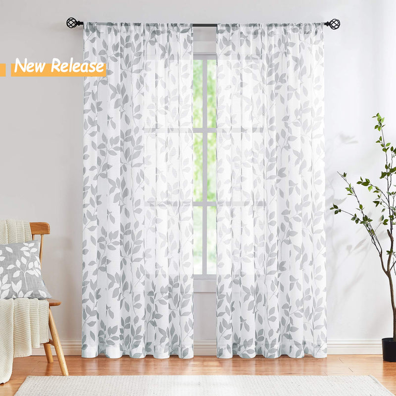  [AUSTRALIA] - White Grey Leaf Sheer Curtains for Bedroom 63” Semi-Sheer Print Leaves Pattern Curtains for Living Room Rustic Linen Textured Window Draperies for Parlor Apartment Dorm Rod Pocket Set of 2 50" x 63"