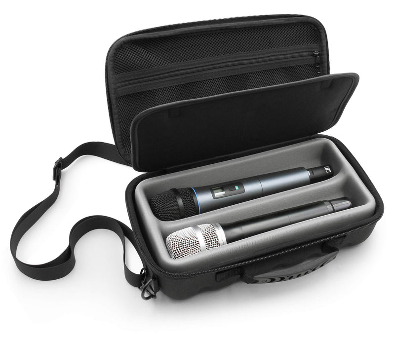  [AUSTRALIA] - CASEMATIX Two Wireless Microphone Case Compatible with Wireless Mic System Handheld Microphones by Sennheiser, Shure and More, Dual Mic Bag with Shoulder Strap and Hard Shell Exterior, Case Only