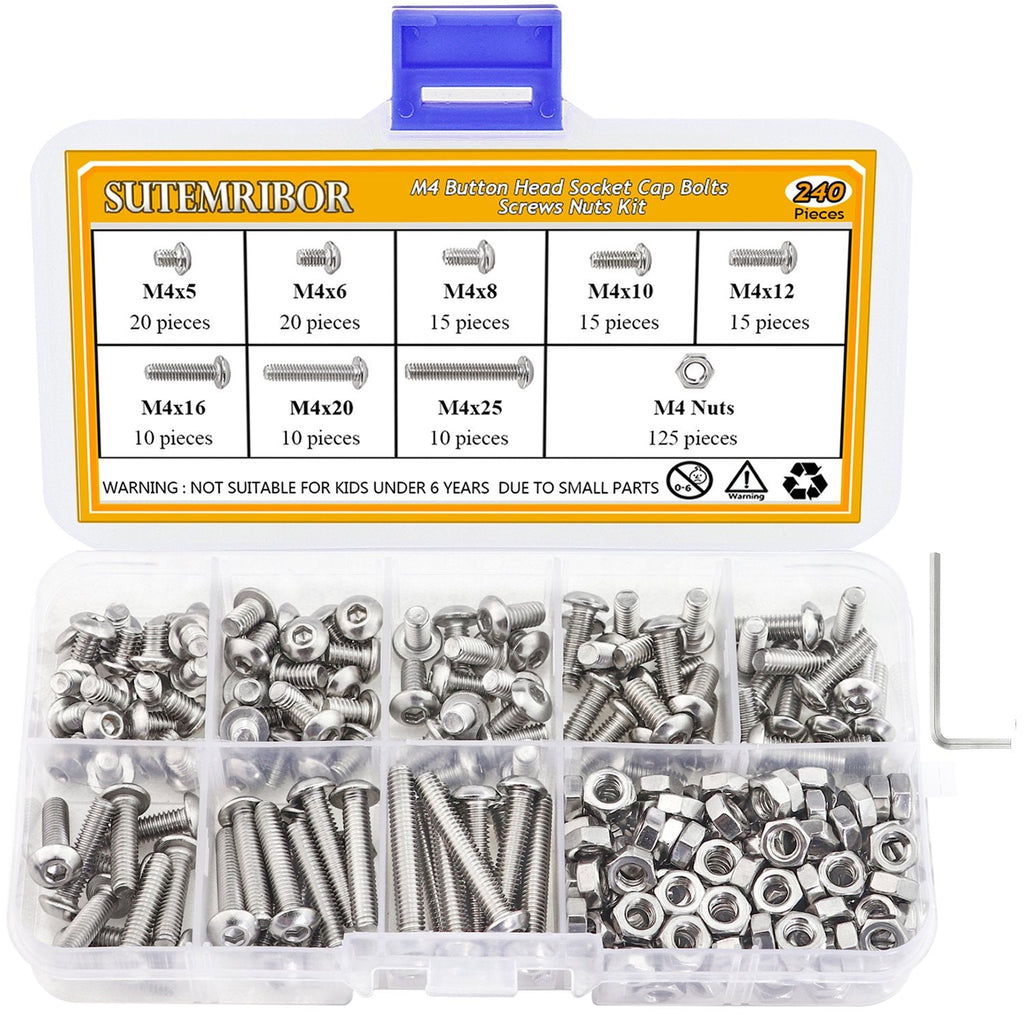  [AUSTRALIA] - Sutemribor 240 Pieces M4 Stainless Steel Button Head Hex Socket Head Cap Bolts Screws Nuts Assortment Kit + Wrench