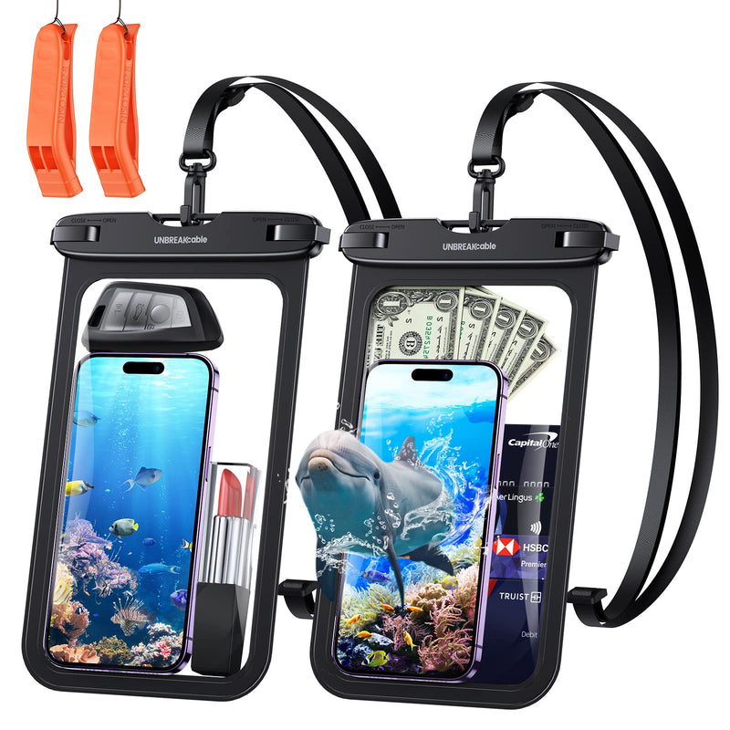  [AUSTRALIA] - UNBREAKcable Waterproof Phone Pouch, IPX8 Universal Waterproof Phone Case Cellphone Dry Bag for iPhone 14 13 12 11 Pro Max XS Plus Samsung Galaxy S23 and More Up to 9" –2 Pack with Emergency Whistles
