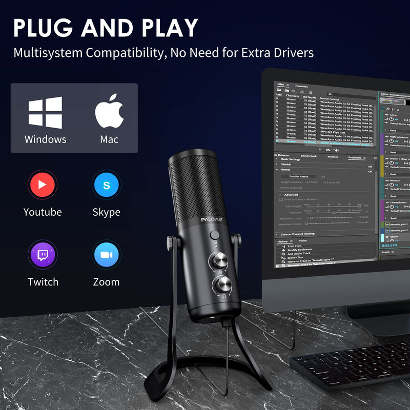  [AUSTRALIA] - USB Computer Microphone, PALOVUE Condenser Microphone for PC, Gaming, Podcast, with Noise Cancelling Instant Mute, Volume Control, Headphone Output Streaming Mic for Recording Vocals YouTube