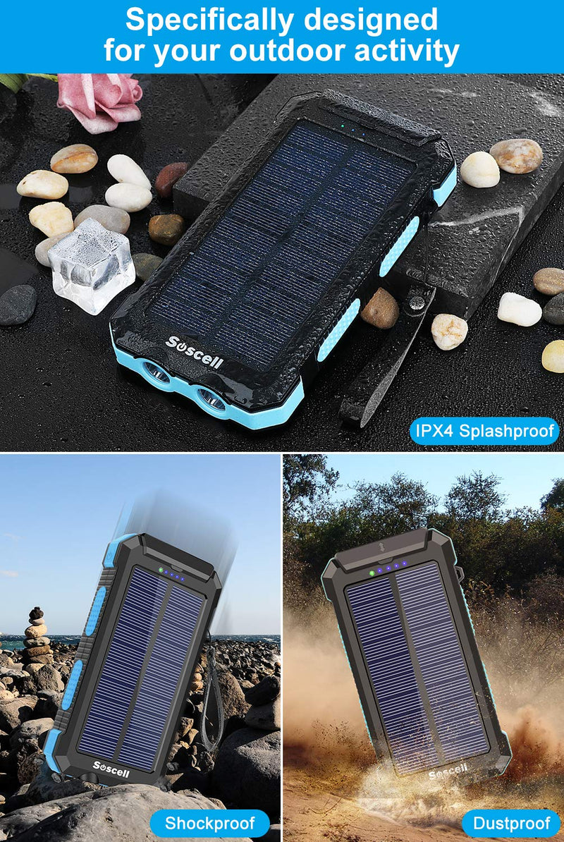 Solar Power Bank 30000mAh, Suscell Portable Solar Phone Charger with 2 Output Ports, Flashlight, IPX4 Splashproof and Shockproof for Outdoor Activities, Compatible with Smartphones and Other Devices Blue-30,000mAh - LeoForward Australia