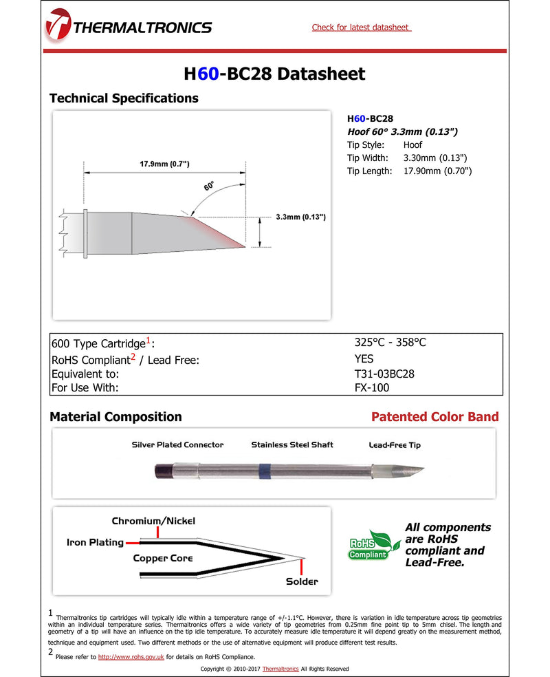  [AUSTRALIA] - Thermaltronics H60-BC28 Hoof 60deg 3.3mm (0.13in) interchangeable for Hakko T31-03BC28