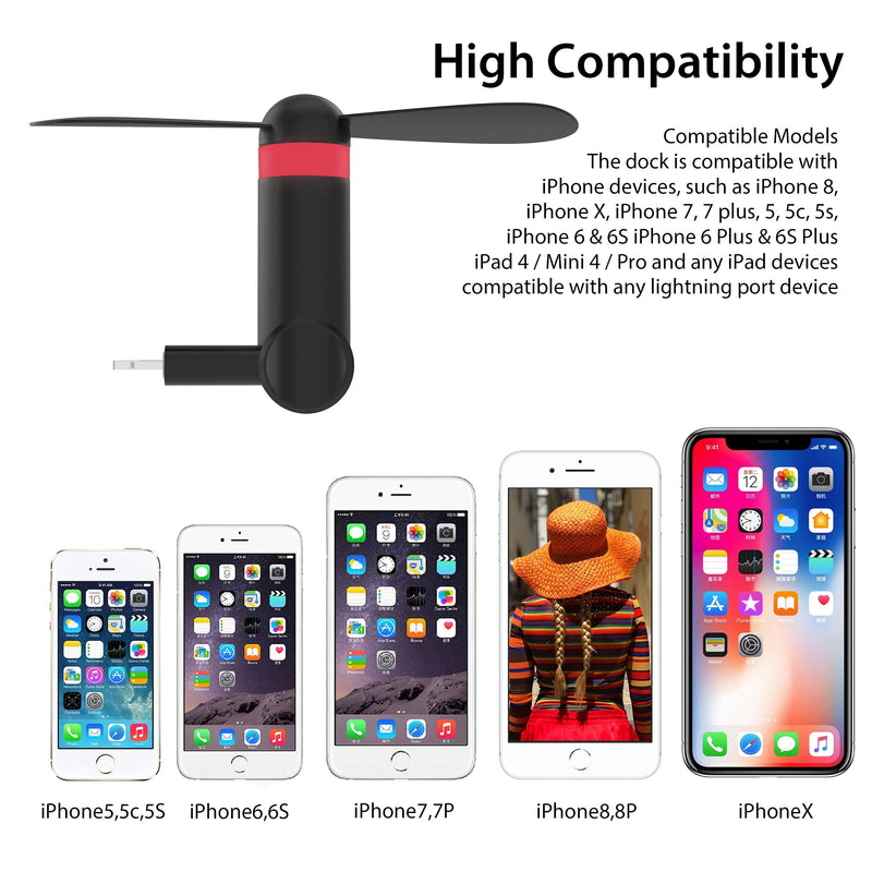 Genuie Fan for iPhone(2 packs) , Mini Fan with 180 Rotating, Strong Wind, Lightweight Compatible for iPhone, iPad, iPod and Any Lighting Devices. Upgraded Version (Black and Rose Red) - LeoForward Australia