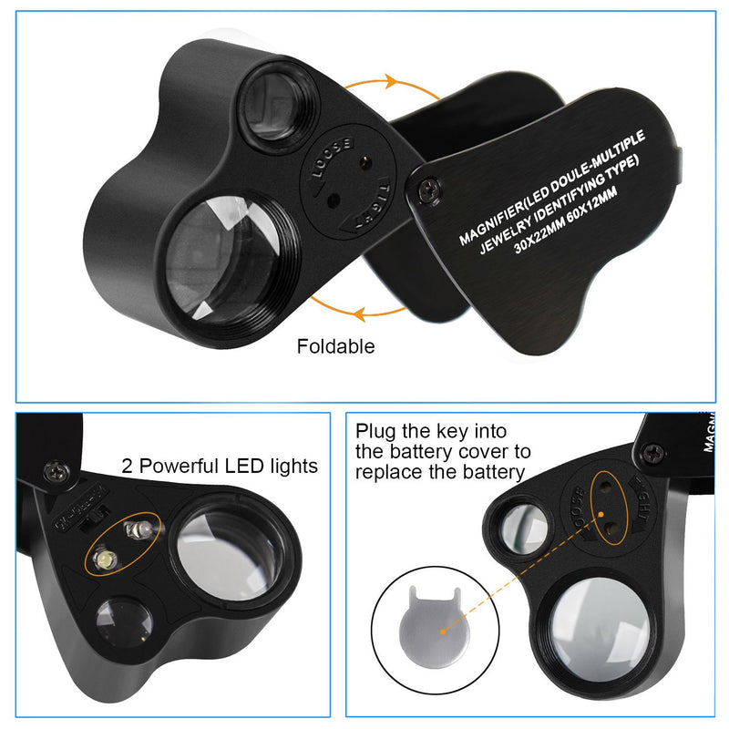 JARLINK 30X 60X Illuminated Jewelers Eye Loupe Magnifier, Foldable Jewelry Magnifier with Bright LED Light for Gems, Jewelry, Coins, Stamps, etc Black - LeoForward Australia