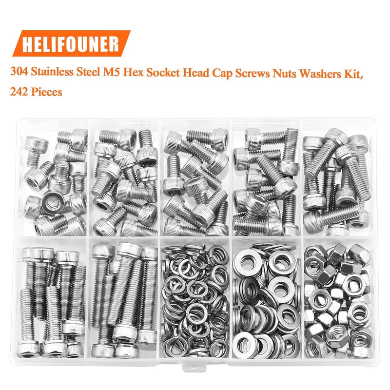  [AUSTRALIA] - HELIFOUNER 240 Pieces M5 x 6mm /8mm /10mm /12mm /16mm /20mm /25mm, Hex Socket Head Cap Screws Bolts Washers Nuts Kit, 304 Stainless Steel