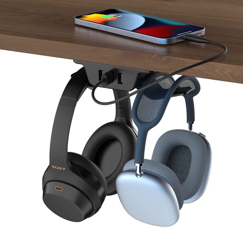  [AUSTRALIA] - HumanCentric Hook and Charge Headphone Hanger with USB Charger, Under Desk Headphone Mount + Headphone Stand, Charge Accessories with 3 USB A Ports, Hook Headphones on Headset Holder Desk Hook, Black