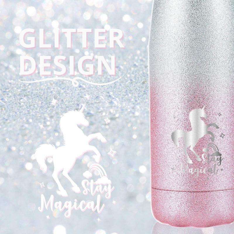  [AUSTRALIA] - Unicorn Gifts, Unicorn Party Supplies, Stainless Steel Water Bottle, Kids Water bottle 17oz/500ml Double Wall Vacuum Insulated Thermo Bottle Glitter Pink Magical