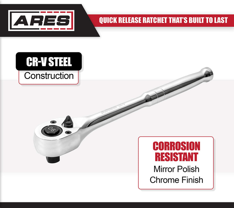  [AUSTRALIA] - ARES 70305-3/8-Inch Drive 90-Tooth Ratchet - Premium Chrome Vanadium Steel Construction & Mirror Polish Finish - Quick Release for Easy Socket Change - 90-Tooth Reversible Design with 4 Degree Swing 3/8-inch Drive 90 Tooth Ratchet