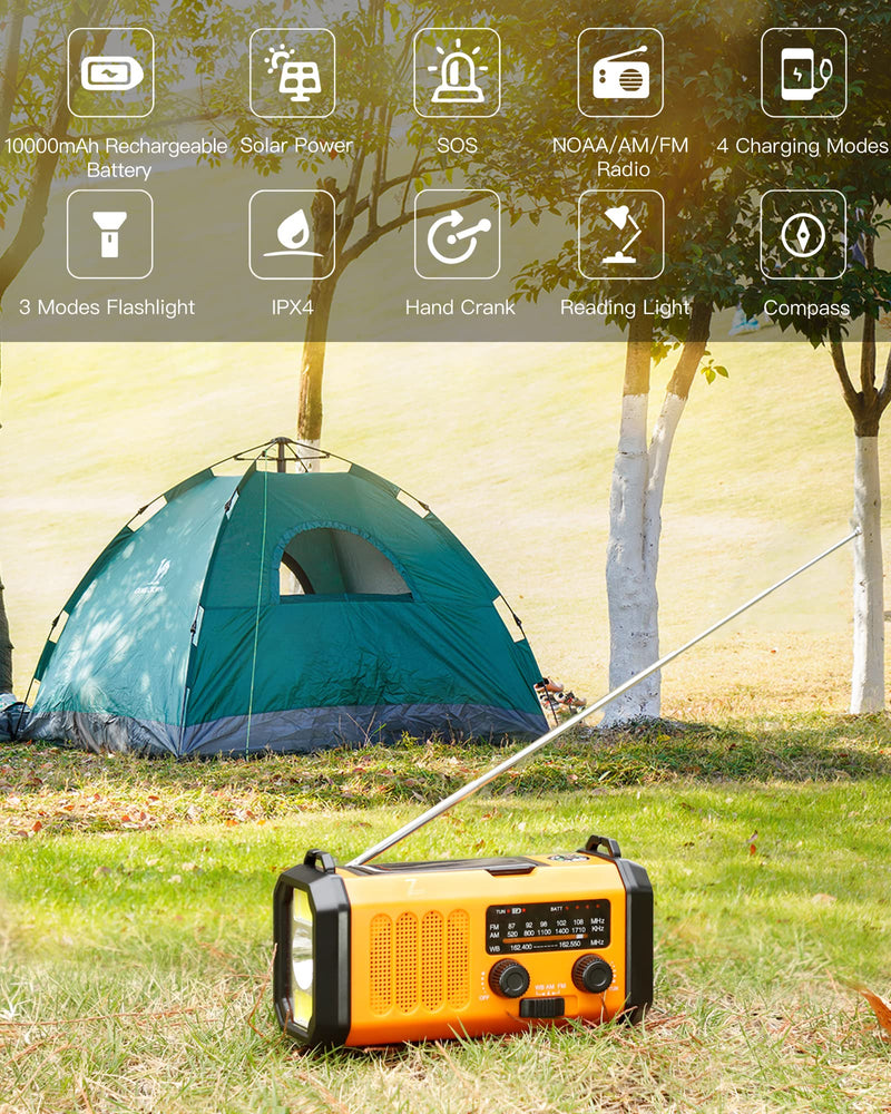  [AUSTRALIA] - 10000mAh NOAA Emergency Weather Radio,4 Way Powered Solar Hand Crank Portable AM FM Radio,Rechargeable Power Bank Phone Charger,3 Mode Flashlight,5W 700LM Reading Lamp,SOS,Compass for Outdoor Survival 10000mAh (Orange)