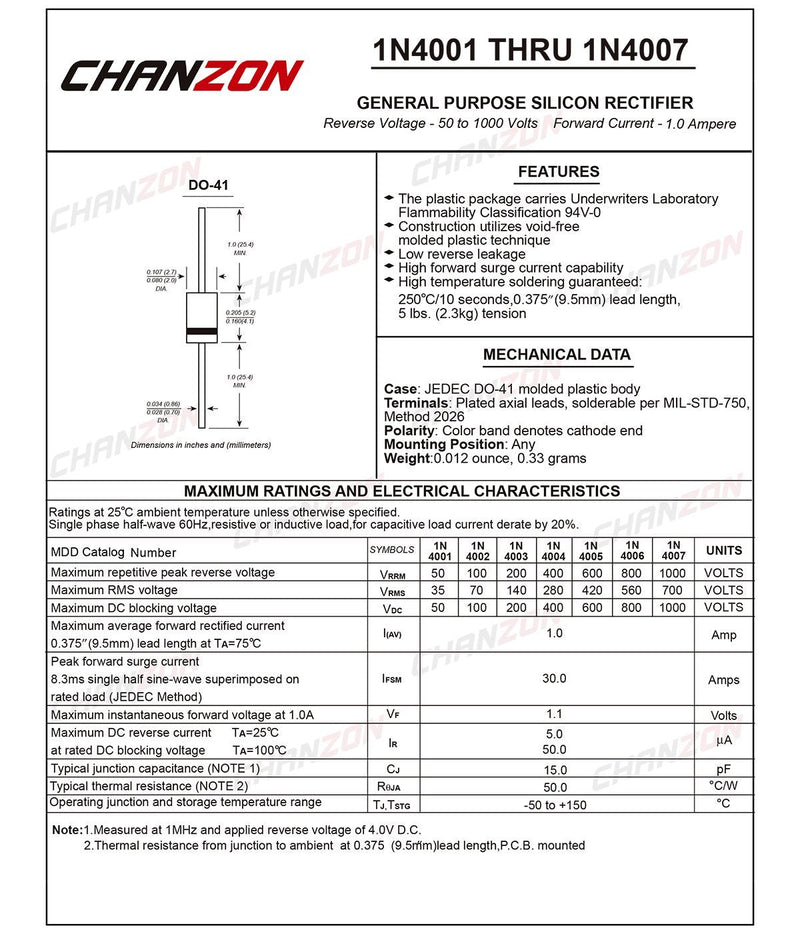  [AUSTRALIA] - (Pack of 100 Pieces) Chanzon 1N4004 Rectifier Diode 1A 400V DO-41 (DO-204AL) Axial 4004 IN4004 1 Amp 400 Volt Electronic Silicon Diodes