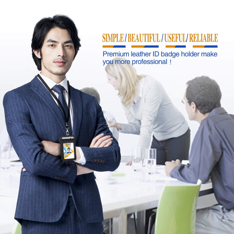  [AUSTRALIA] - Teskyer Leather Badge Holder with Zipper Pocket,1 Clear ID Window and 3 Card Slots with Secure Cover, Premium Leather ID Holder with Nylon Lanyard for Office School ID, Credit Cards, Driver Licence Black