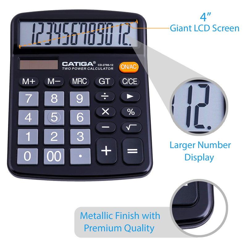  [AUSTRALIA] - Desktop Calculator 12 Digit with Large LCD Display and Sensitive Button, Solar and Battery Dual Power, Standard Function for Office, Home, School, CD-2786 (Black) Black