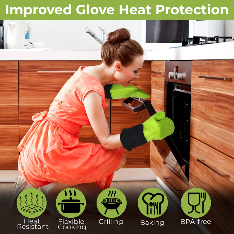  [AUSTRALIA] - Oven Mitts and Pot Holders - Silicone Oven Mitt, 4-Piece Set, Hot Pads, Trivet Mats, Oven Gloves Heat Resistant- for BBQ, Grilling, Baking, Kitchen, Cooking Gloves with Thicker Quilted Liner (Green) Green