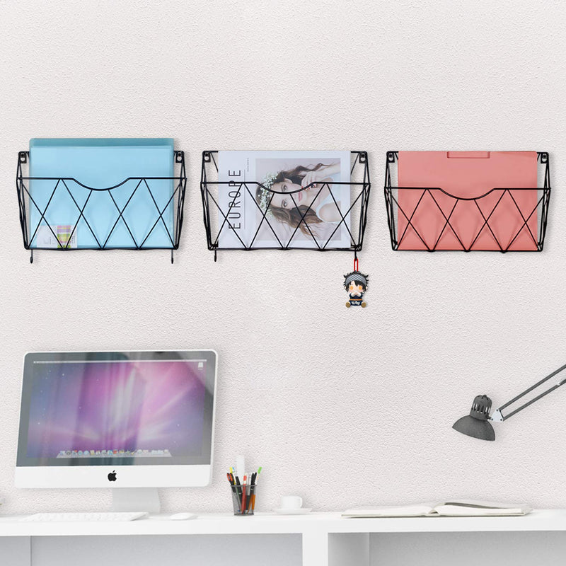  [AUSTRALIA] - KEEGH Wall File Folder Holder 3 Pockets Hanging Wall File Baskets Organizer Mail Holder Metal Office Magazine Rack with Hooks