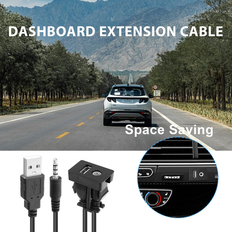  [AUSTRALIA] - YACSEJAO Flush Mount Cable USB 2.0+3.5 mm AUX Extension Dash Panel Mount Cable for Car, Boat and Motorcycle, 1M/3.3Ft