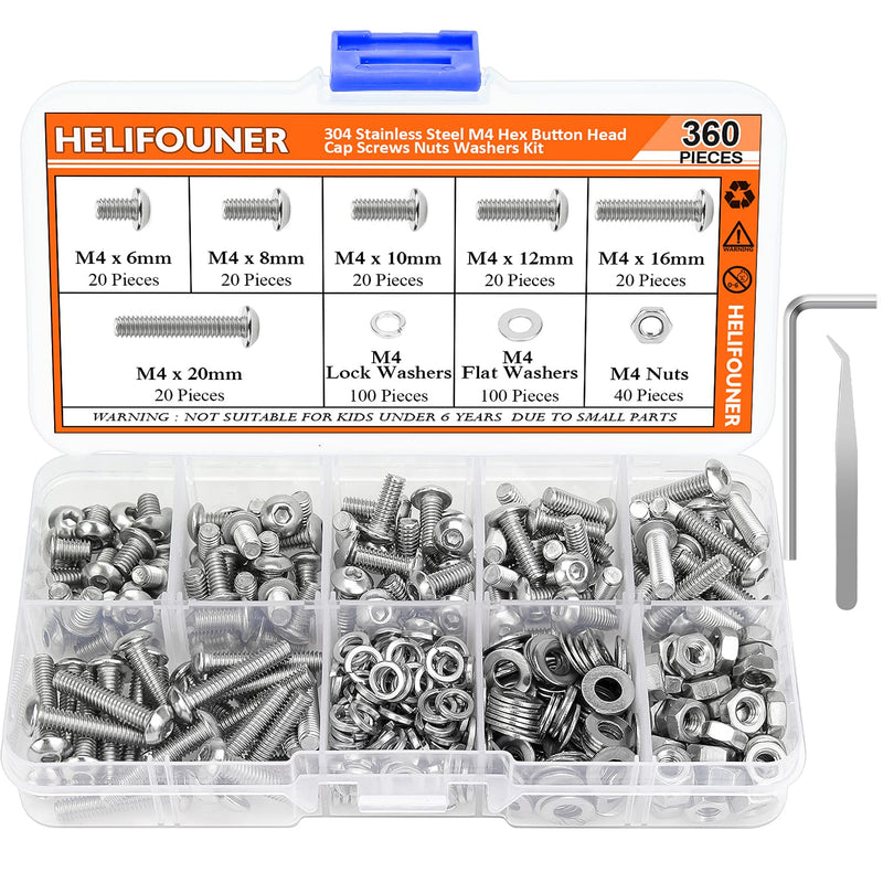  [AUSTRALIA] - HELIFOUNER 360 Pieces M4 x 6mm /8mm /10mm /12mm /16mm /20mm, Hex Button Head Cap Metric Screws Bolts Washers Nuts Kit, 304 Stainless Steel