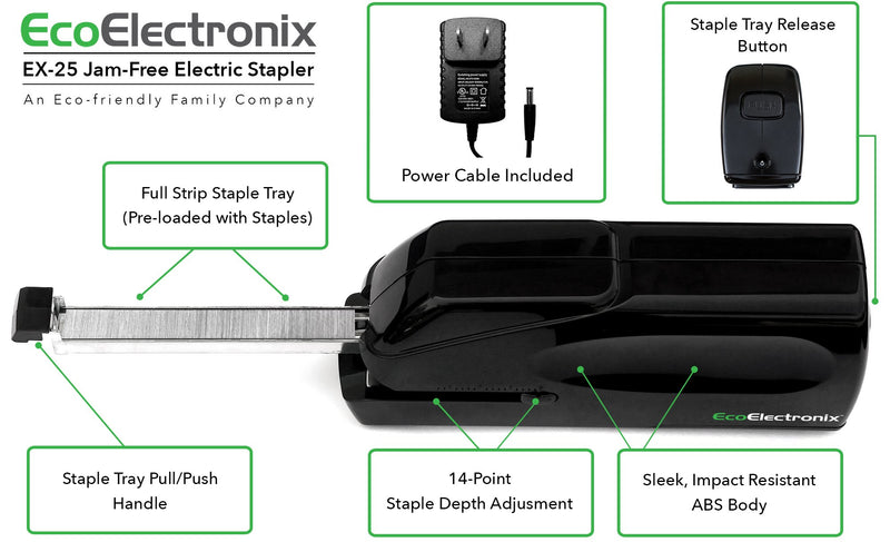 EX-25 Automatic Heavy Duty Electric Stapler - Lifetime Coverage by EcoElectronix - for Professional Daily Use - Staples and Power Cable Included - Full Strip Jam-Free Operation - 25-30 Sheet Max Black - LeoForward Australia