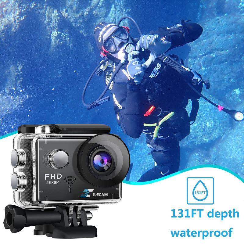  [AUSTRALIA] - Action Camera 1080P 30fps, WiFi Sports Camera HD 2.0 Inch Action Camera 40m/131ft Underwater Waterproof Snorkel surf Camera with 2 Batteries, Wide-Angle Lens andMulti-Function Accessory Bag