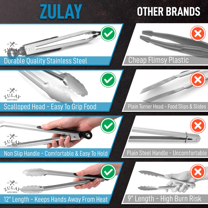  [AUSTRALIA] - Zulay (12 Inch) Stainless Steel Tongs For Cooking - Scallop Head Edge Kitchen Tongs - Easy Grip BBQ Grill Tongs With Lock Mechanism - Heavy Duty Metal Tongs For Barbecue, Cooking, Frying, and More