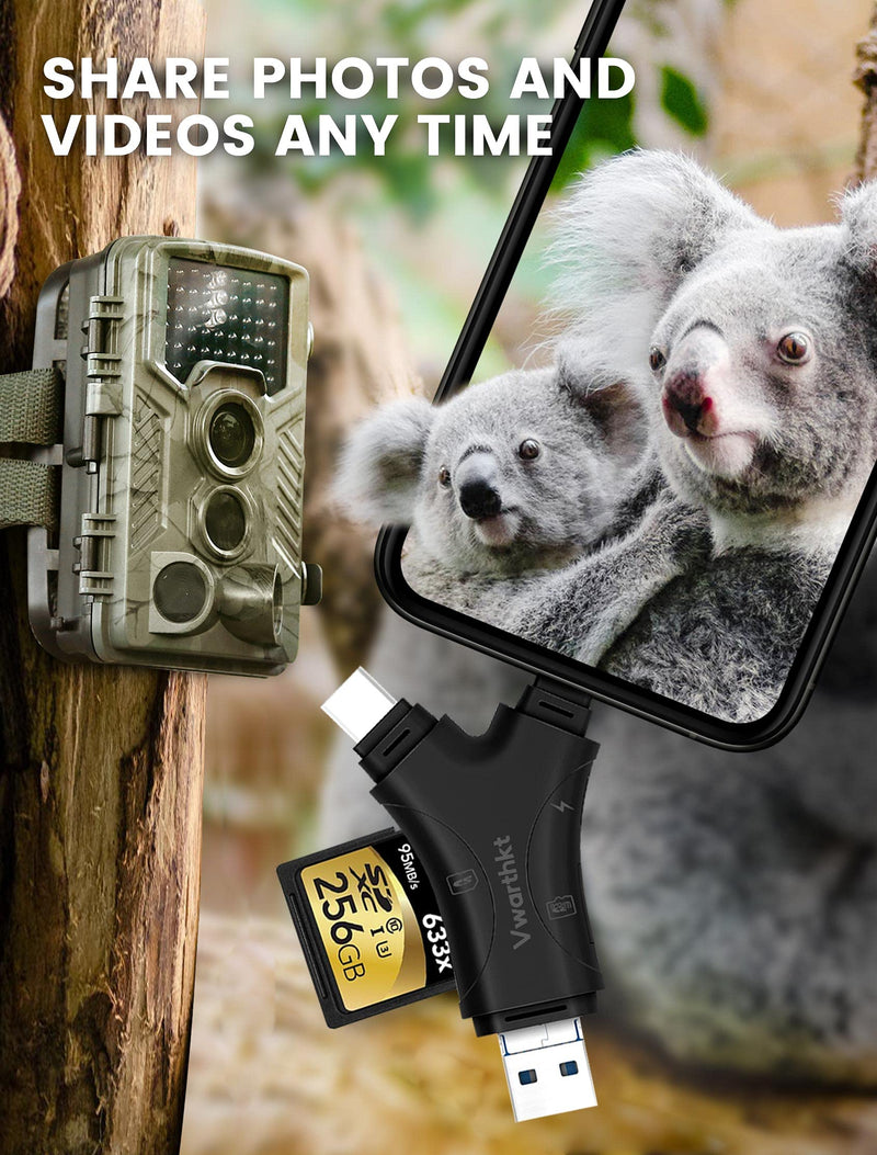  [AUSTRALIA] - SD Card Reader for iPhone / iPad / Android / Mac / Pcs,Vwarthkt Trail Camera 4 in 1 Micro SD Card Reader Viewer with Dual Slots,Plug and Play,No App Needed