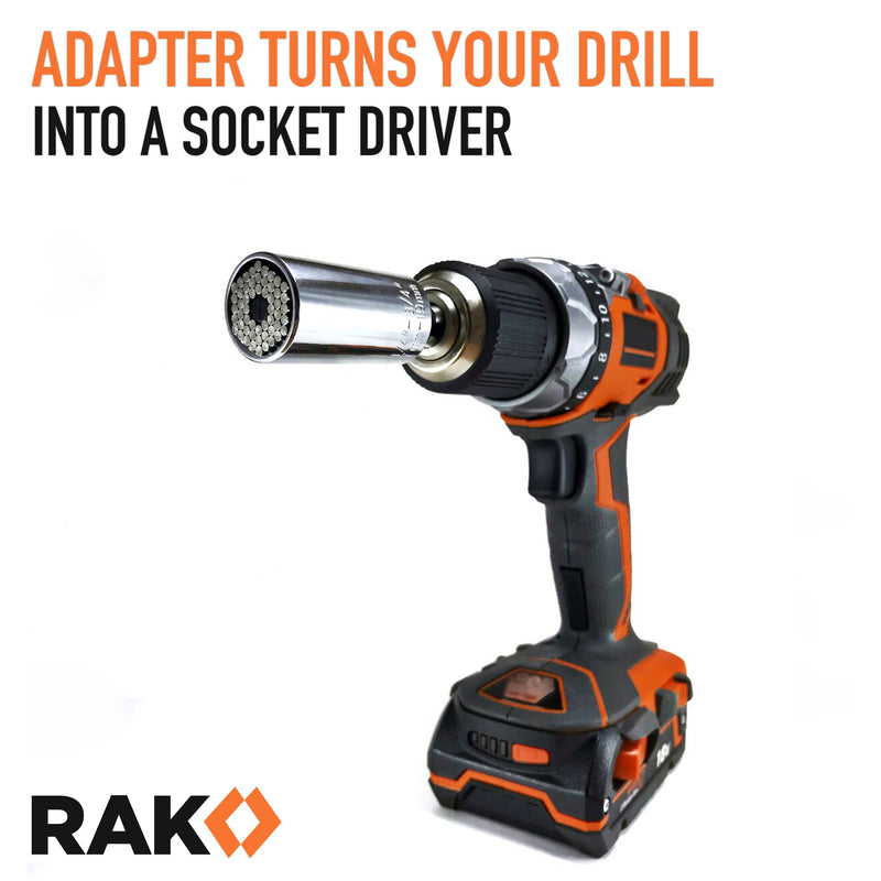  [AUSTRALIA] - RAK Universal Socket Grip (7-19mm) Multi-Function Ratchet Wrench Power Drill Adapter 2Pc Set - Best Unique Tool Gift for Men, DIY Handyman, Father/Dad, Husband, Boyfriend, Him, Women Silver