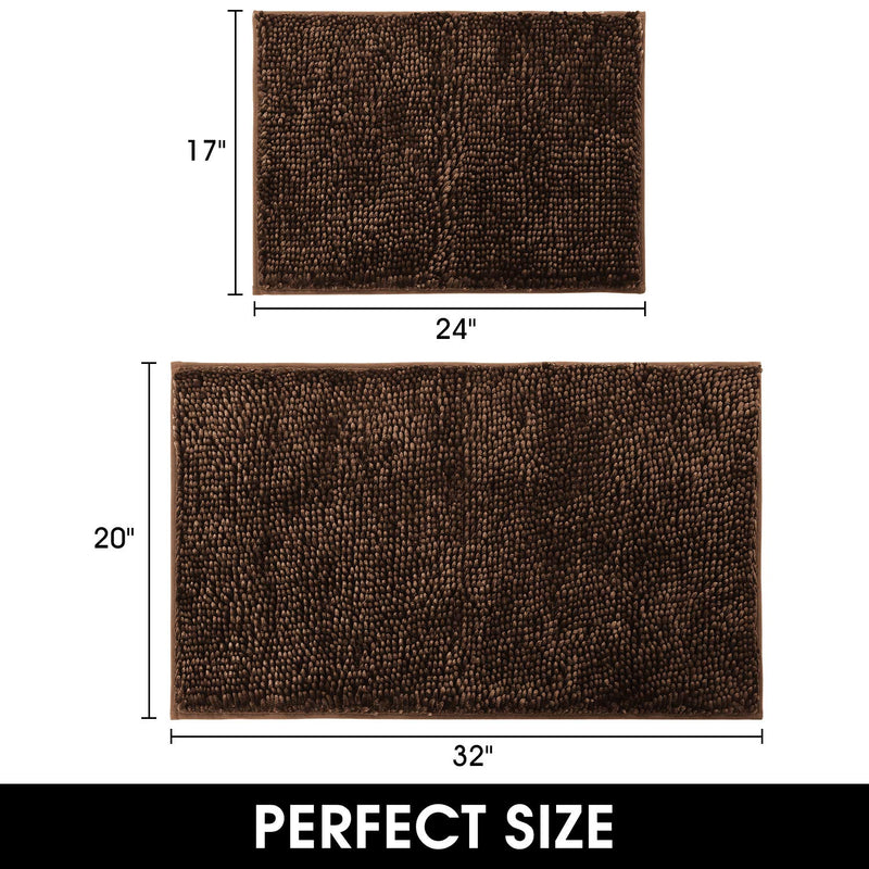  [AUSTRALIA] - HOMEIDEAS Velvety-Soft Butter Chenille Bathroom Rugs Set 2 Pieces Brown, 3X Absorbent Spa Shaggy Bath Rug Non Slip, Washable Bath Mat for Bathroom, Tub, Shower 17x24"+20x32"