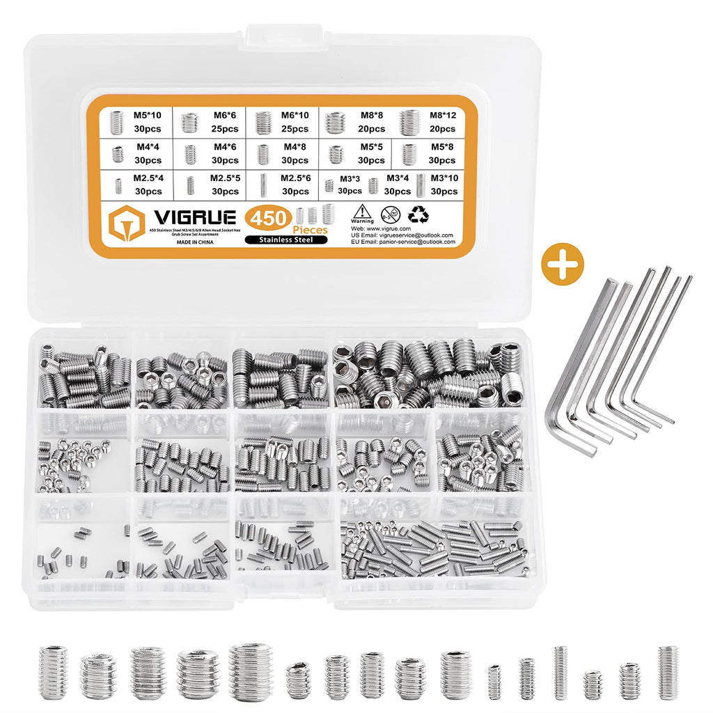  [AUSTRALIA] - VIGRUE 450PCS M2.5/M3/M4/M5/M6/M8 Hex Allen Head Socket Set Screw Bolts Assortment Kit Grub Screw with Internal Hex Drive, 304 Stainless Steel